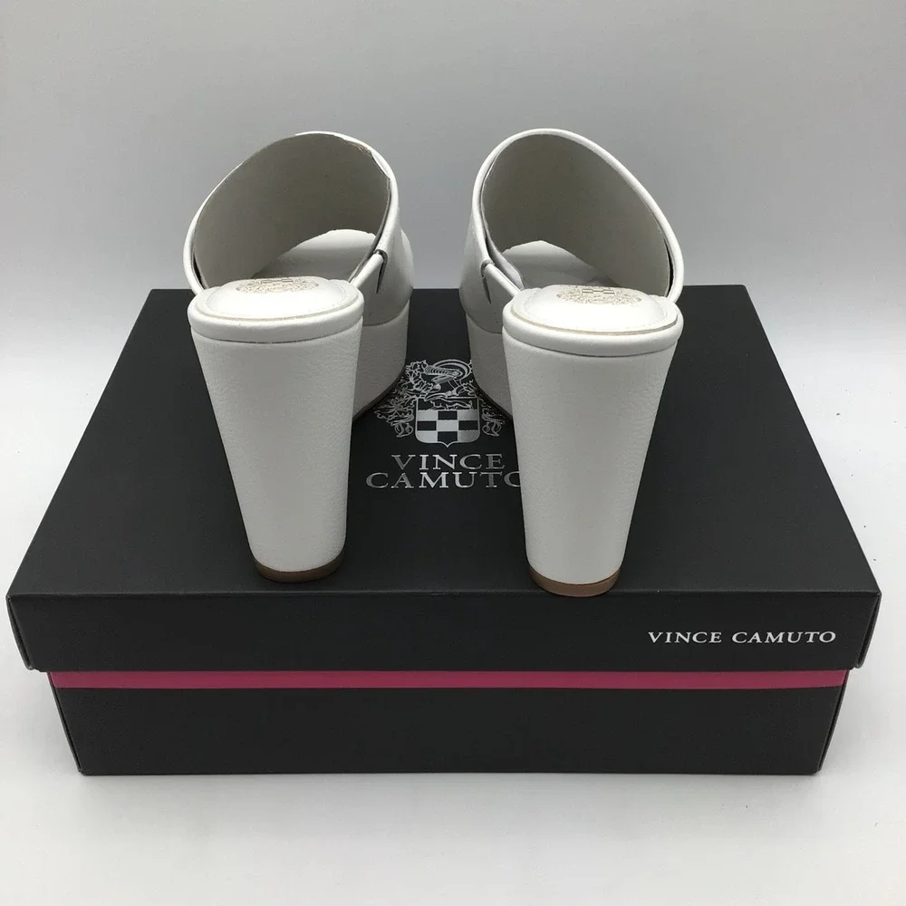 Vince Camuto Etta White Leather Platform Wedge Sandals Mules Size 7.5 M NEW